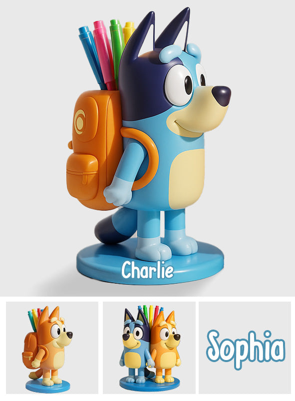 Lovely Australian Cattle Dog Cartoon - Personalized Blue Dog Wooden Pen Holder