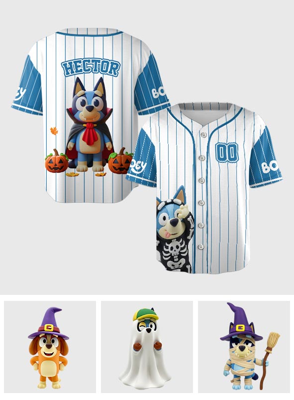 Booey Halloween - Personalized Blue Dog Baseball Jersey
