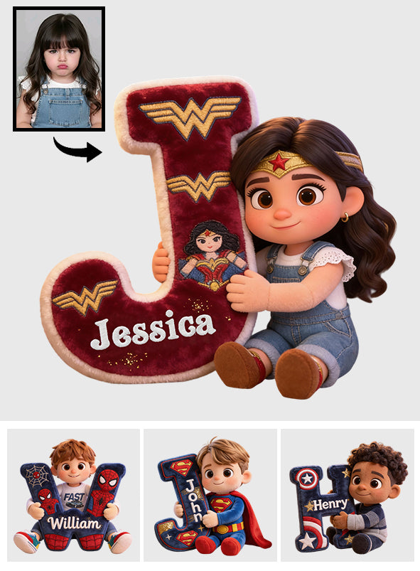 Super Kid Letter - Personalized Superhero Faux Fur Shaped Pillow