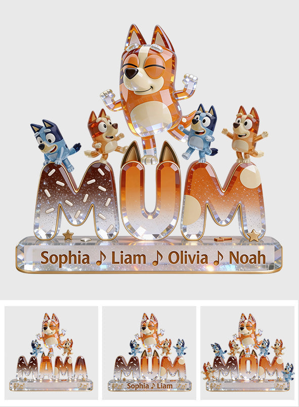 Dog Mom & Kids Dancing - Personalized Blue Dog Custom Shaped Acrylic Plaque