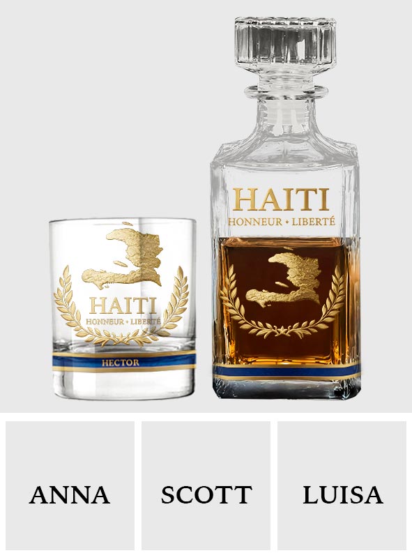 Haiti Coat Of Arms - Personalized Expats Whiskey Decanter Set