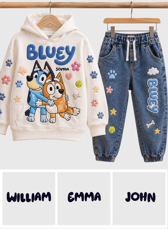 Blue Puppy Sisters - Personalized Bluey Kid Hoodie & Kid Jogger Sweatpants