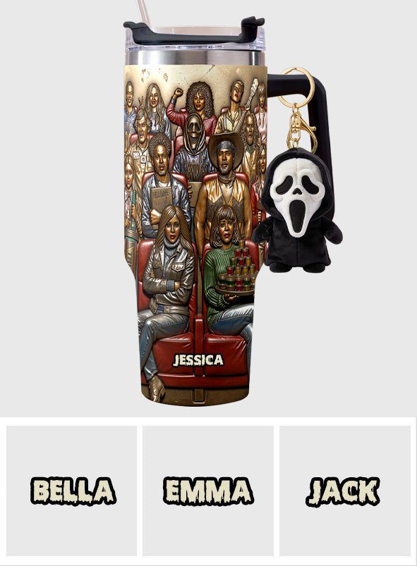 Watching Scary Movie Tumbler - Personalized Horror Movie Tumbler With Plush Charm