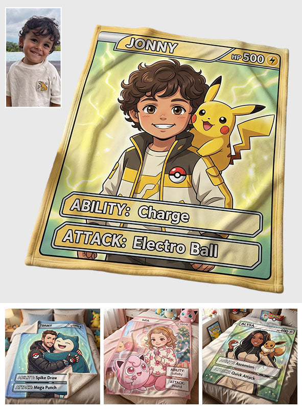 Custom Trade Card Styled Blanket For Monster Trainers - Personalized Monster Trainer Blanket