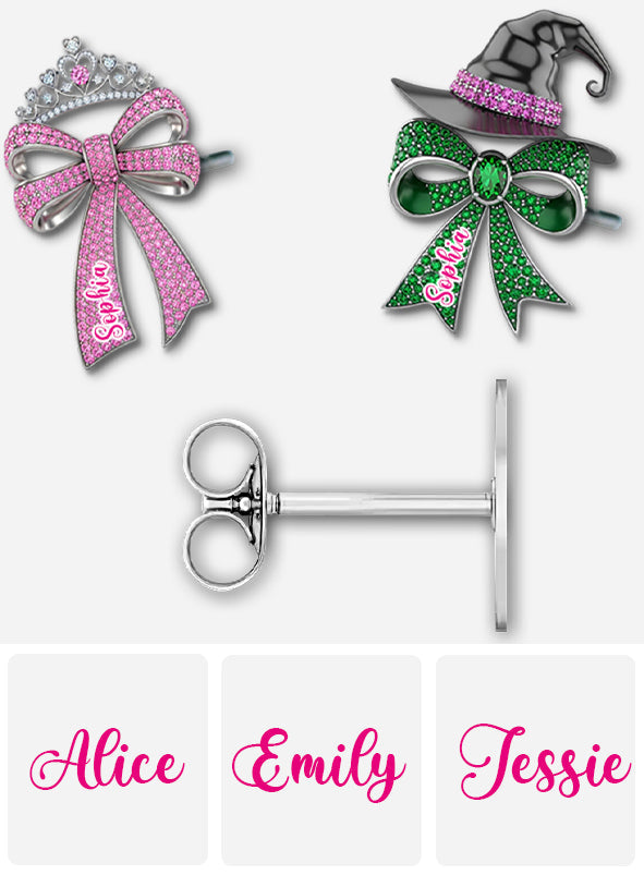 Pink And Green Bow - Personalized Green and Pink Stud Earrings