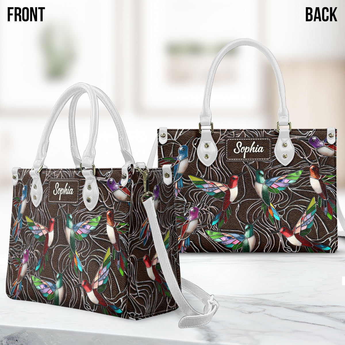 Family Members Hummingbirds Beautiful Birds - Personalized Family Leather Handbag