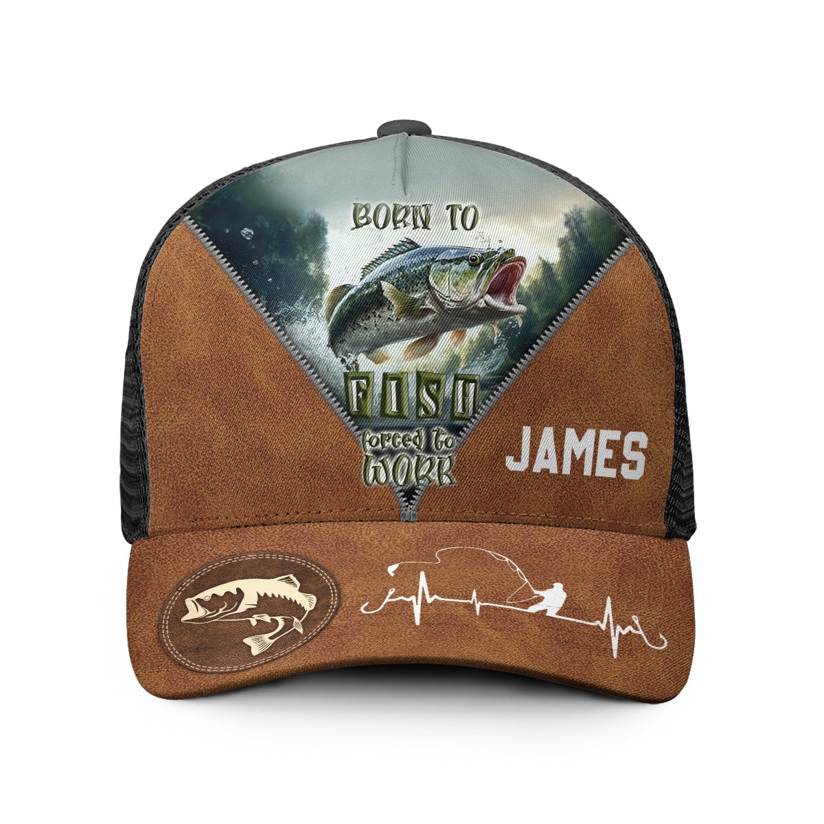 Born To Fish Forced To Work - Personalized Fishing Trucker Hat (Black Mesh)