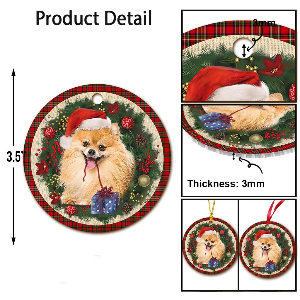 Pomeranian Red Christmas Wreath - Dog Ornament (Printed On Both Sides) 1122