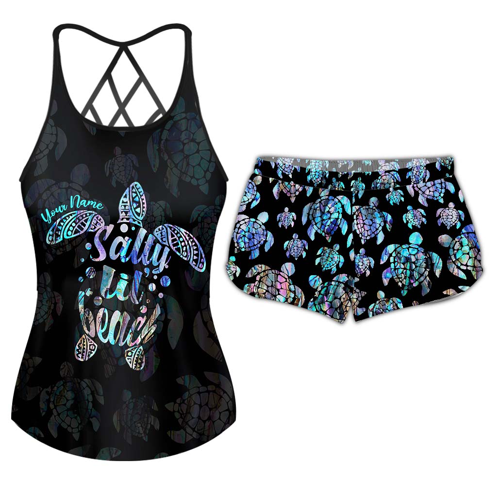 Salty Lil' Beach - Personalized Turtle Cross Tank Top and Women Shorts