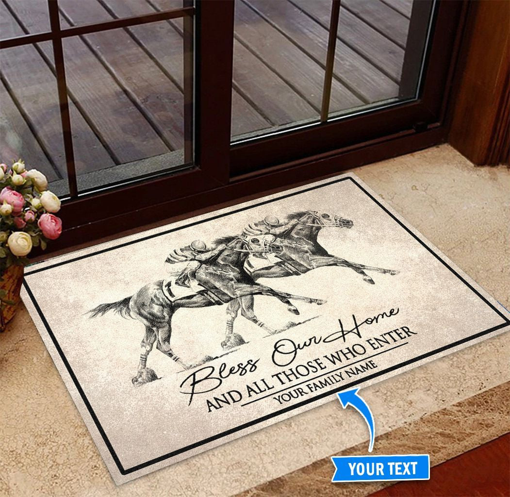 Horse Racing Bless Our Home Personalized Horse Doormat 0523