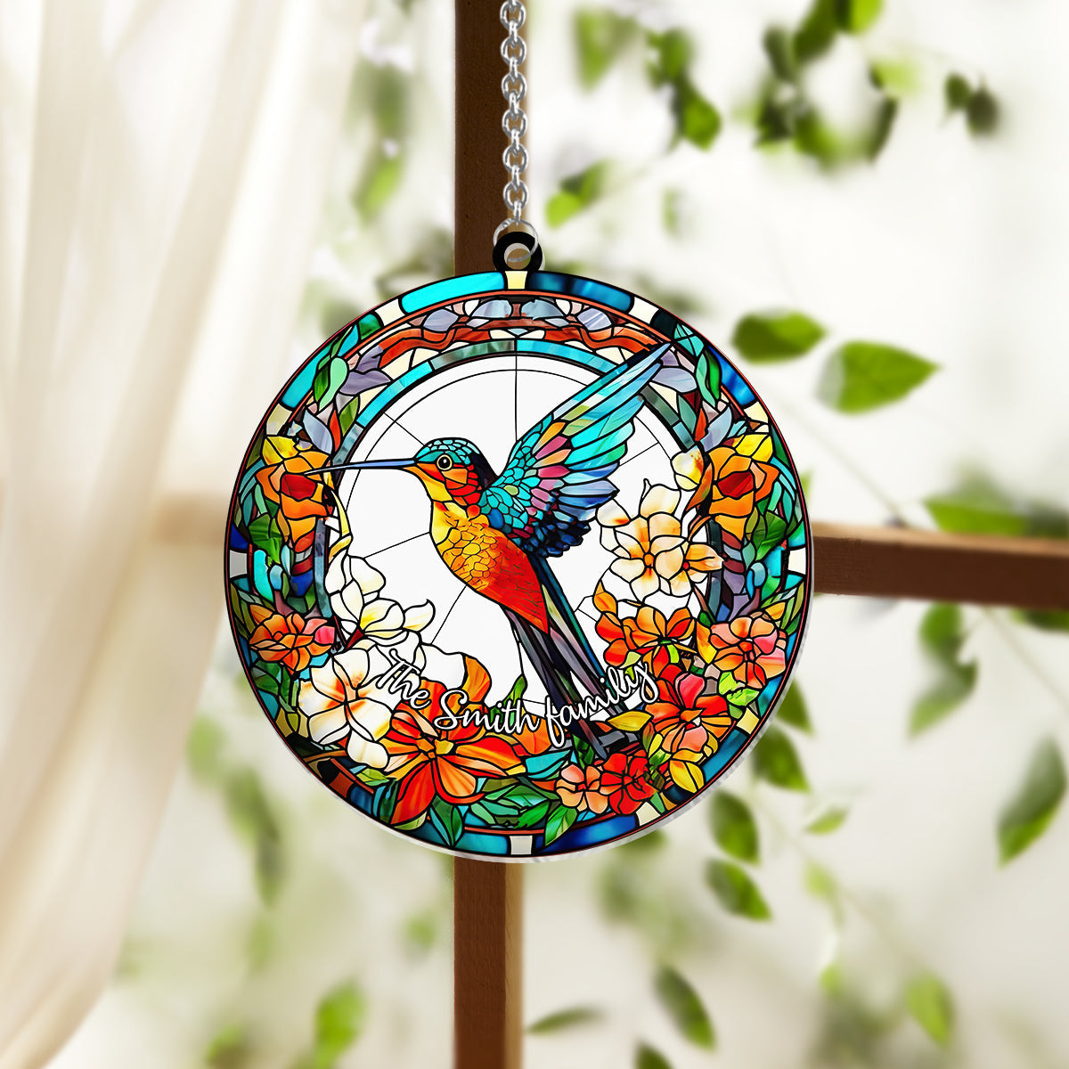 Beautiful Hummingbird Surrounded by Flowers - Personalized Hummingbird Window Hanging Suncatcher Ornament