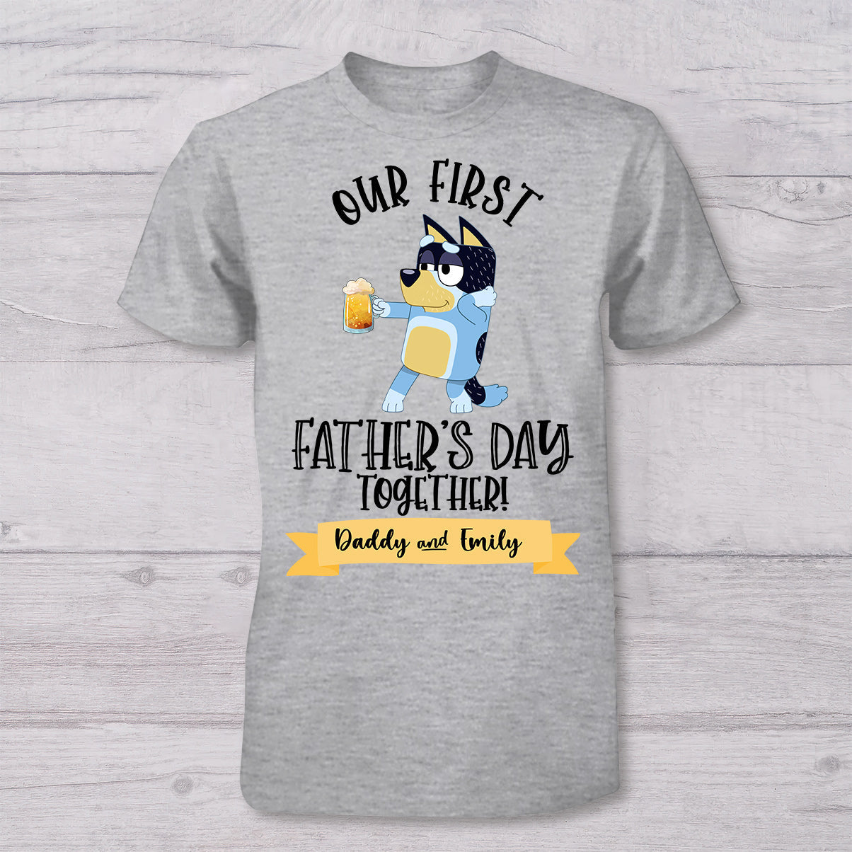 Our First Father's Day Mother's Day Together Drink Cool Blue Dog - Personalized Father T-shirt And Baby Onesie
