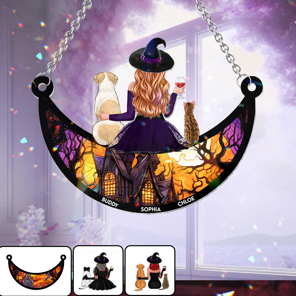 Wicked Witch And Little Monster - Personalized Dog Window Hanging Suncatcher Ornament