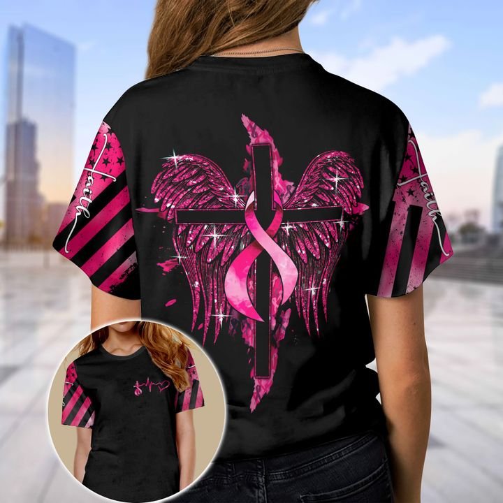 Faith Breast Cancer Cross Wings Breast Cancer Awareness All Over T-shirt and Hoodie