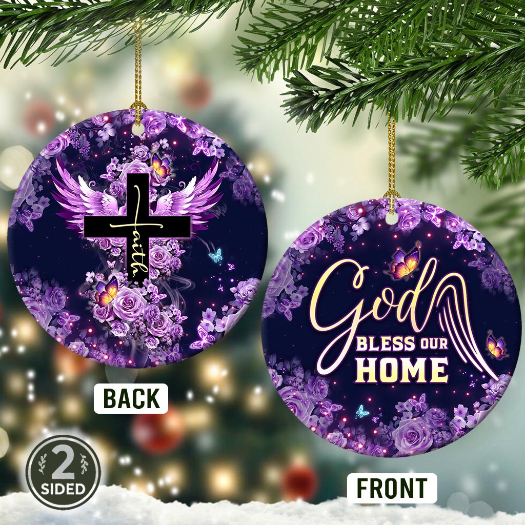 Faith Cross Purple Florals Christian - Round Aluminium Ornament (Printed On Both Sides) 1122