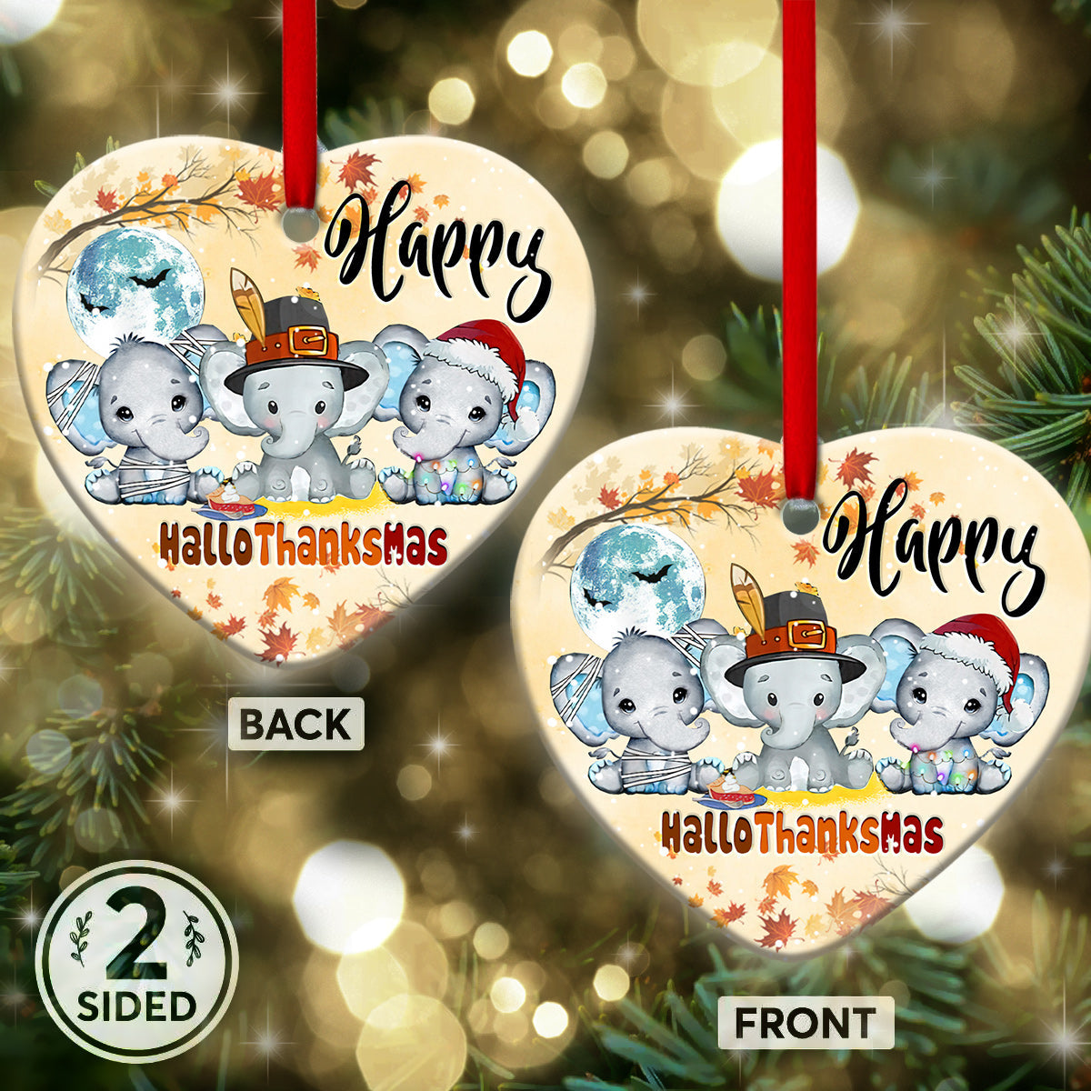 Elephant Happy HalloThanksMas - Elephant Ornament (Printed On Both Sides) 1122