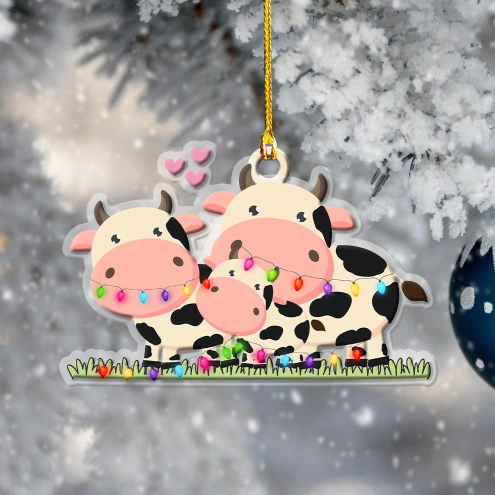 Cute Cows Family Colorful Lights - Cow Ornament (Printed On Both Sides) 1122
