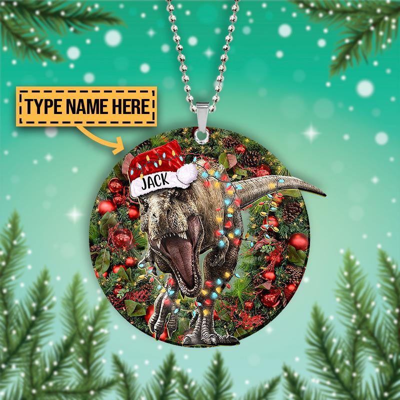 T-rex Dinosaur Red Wreath Pattern - Personalized Dinosaur Ornament (Printed On Both Sides) 1122