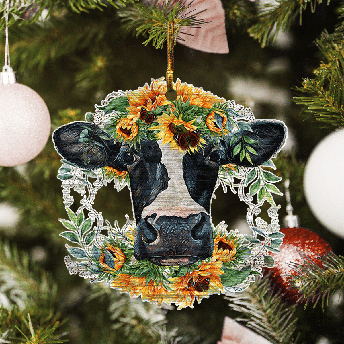 Cow Sunflower - Cow Ornament (Printed On Both Sides) 1022