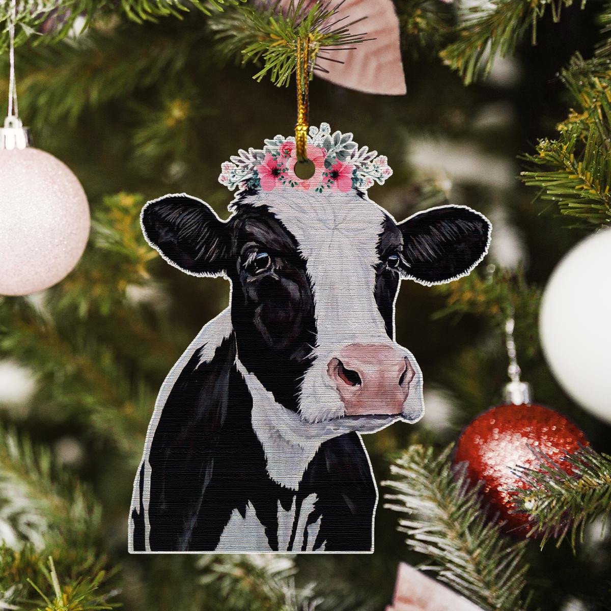 Cow And Flower - Cow Ornament (Printed On Both Sides) 1022