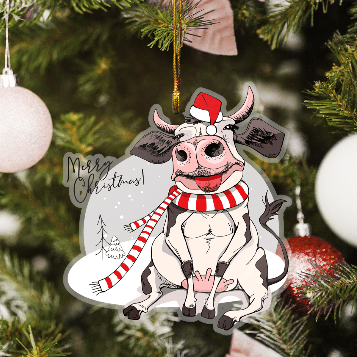 Funny Cow Merry Christmas - Cow Ornament (Printed On Both Sides) 1022