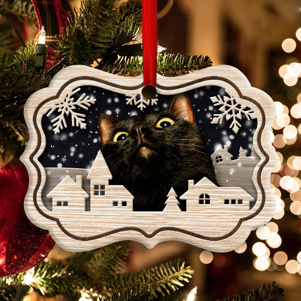 Black Cat Christmas Town - Cat Ornament (Printed On Both Sides) 1022