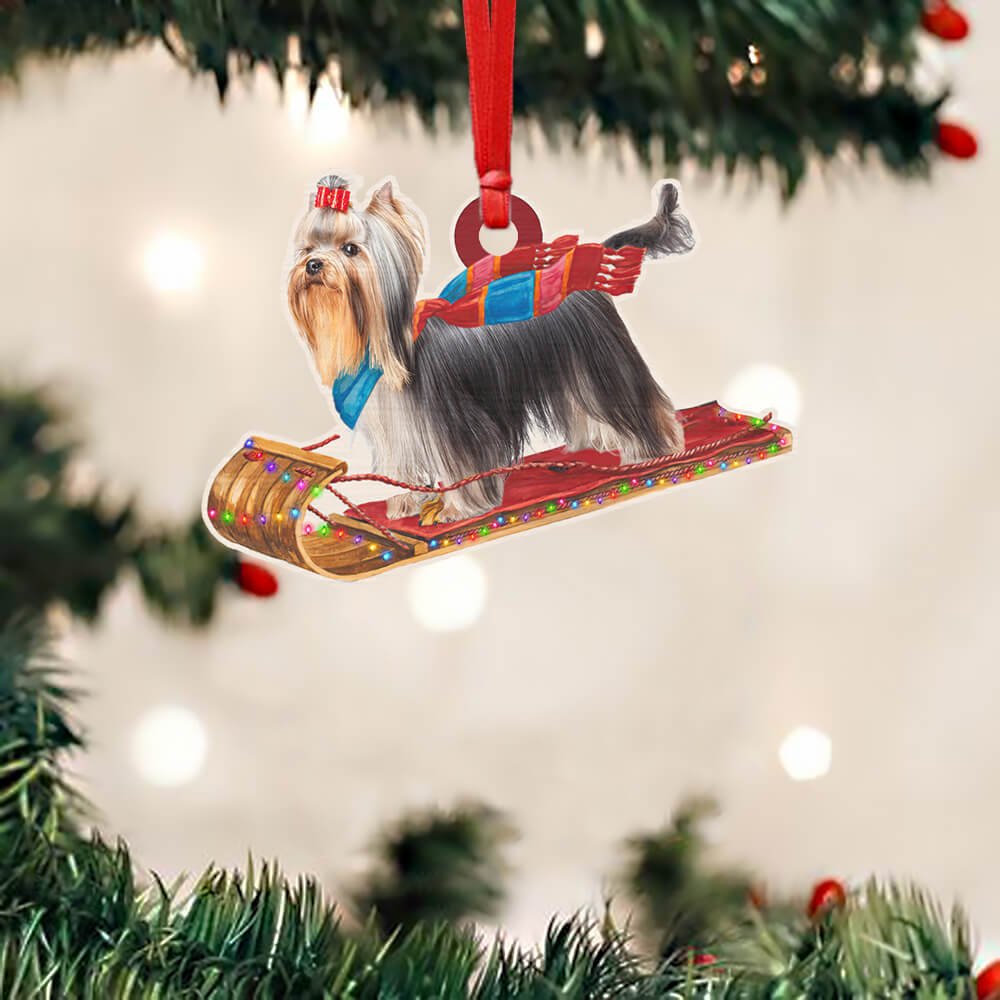 Yorkshire Terrier Dog On The Snow Sled Yorkshire - Terriers Ornament (Printed On Both Sides) 1122