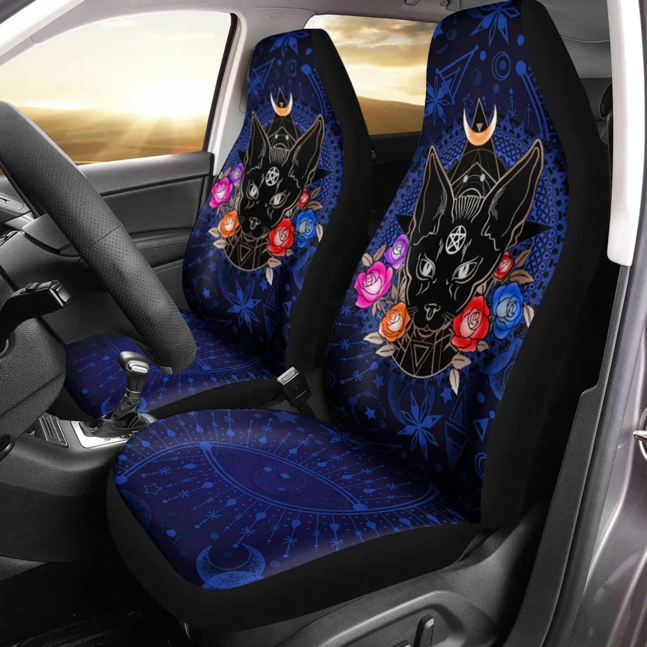 Celtic Wicca Occult Cat-  Witch Seat Covers 0822