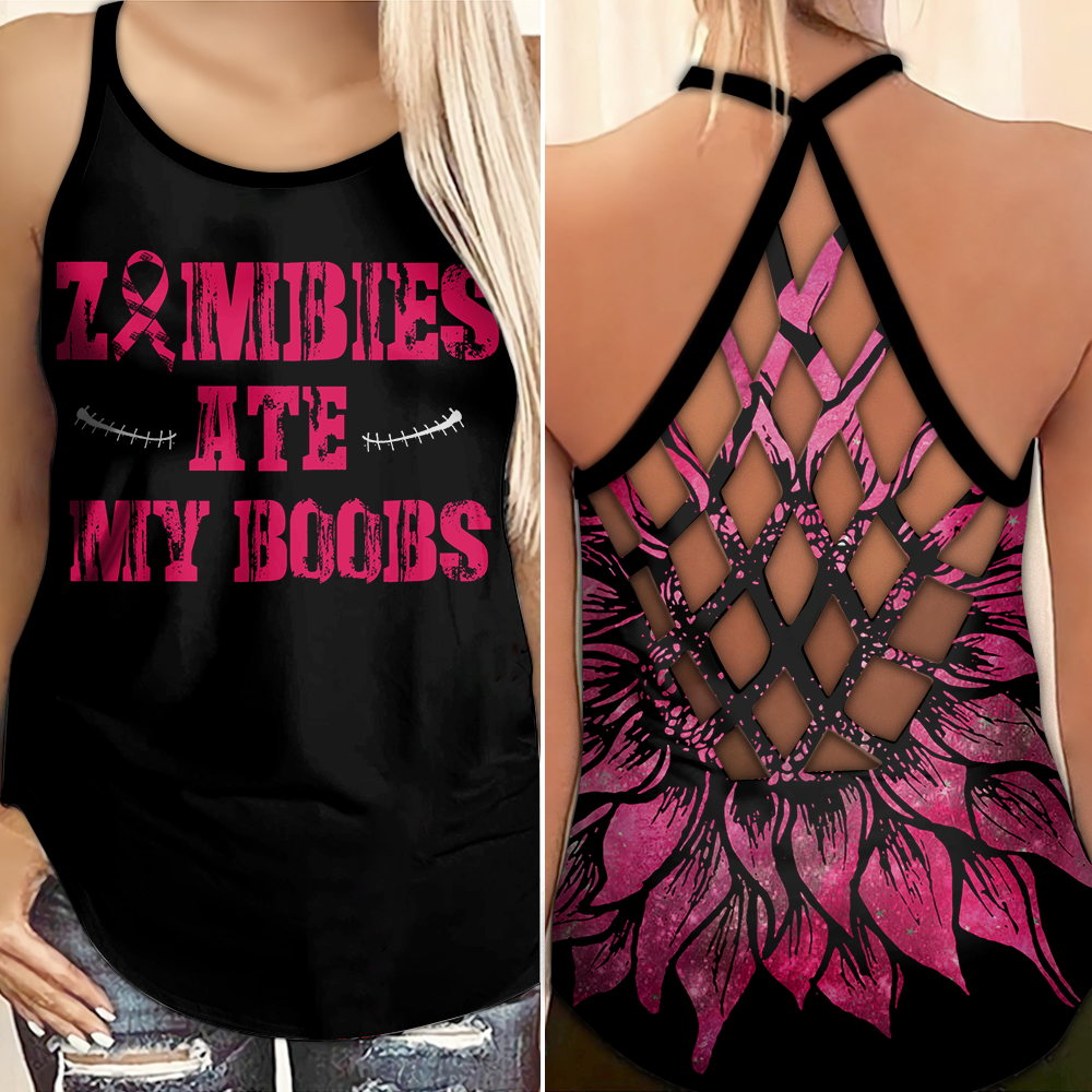 Zombies Ate My Boobs - Breast Cancer Awareness Cross Tank Top 0722