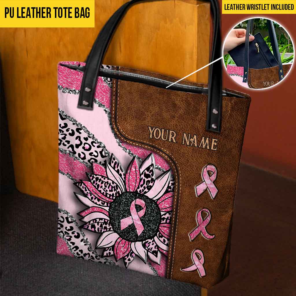 Wavy Pink Ribbon Leopard Sunflower Breast Cancer Awareness Personalized Tote Bag