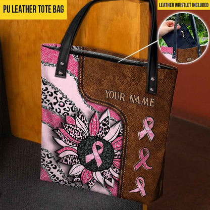 Wavy Pink Ribbon Leopard Sunflower Breast Cancer Awareness Personalized Tote Bag