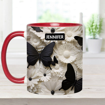 Elegant Black And White Butterflies And Flowers - Personalized Butterfly Accent Mug