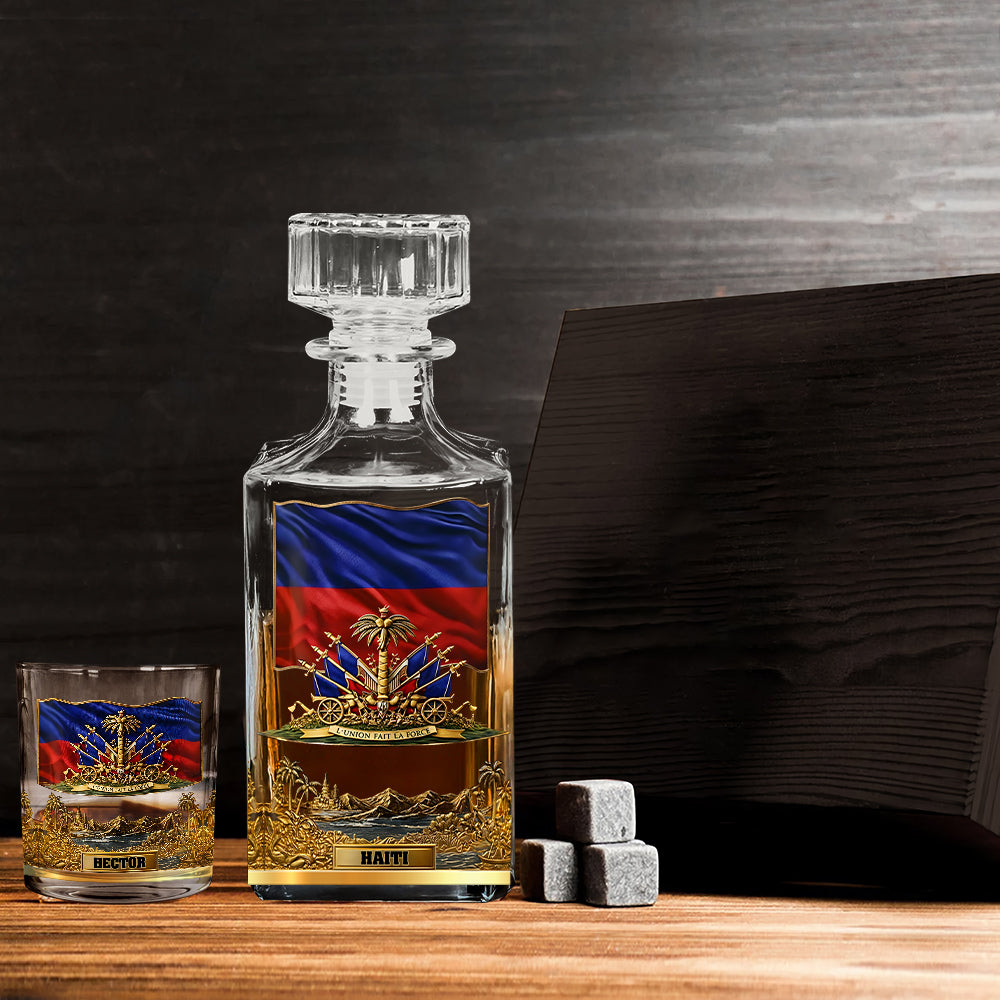 Haiti Coat Of Arms - Personalized Expats Whiskey Decanter Set