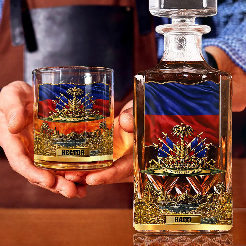 Haiti Coat Of Arms - Personalized Expats Whiskey Decanter Set