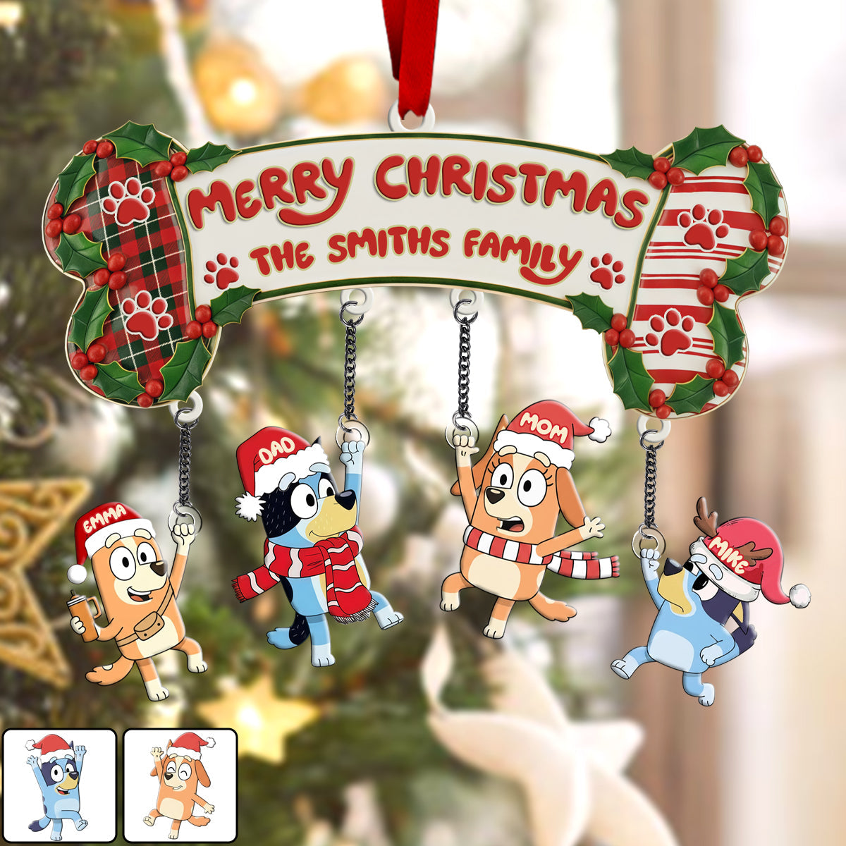 Blue Dog Family Christmas - Personalized Family Ornament With Charm