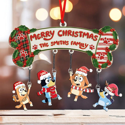 Blue Dog Family Christmas - Personalized Family Ornament With Charm