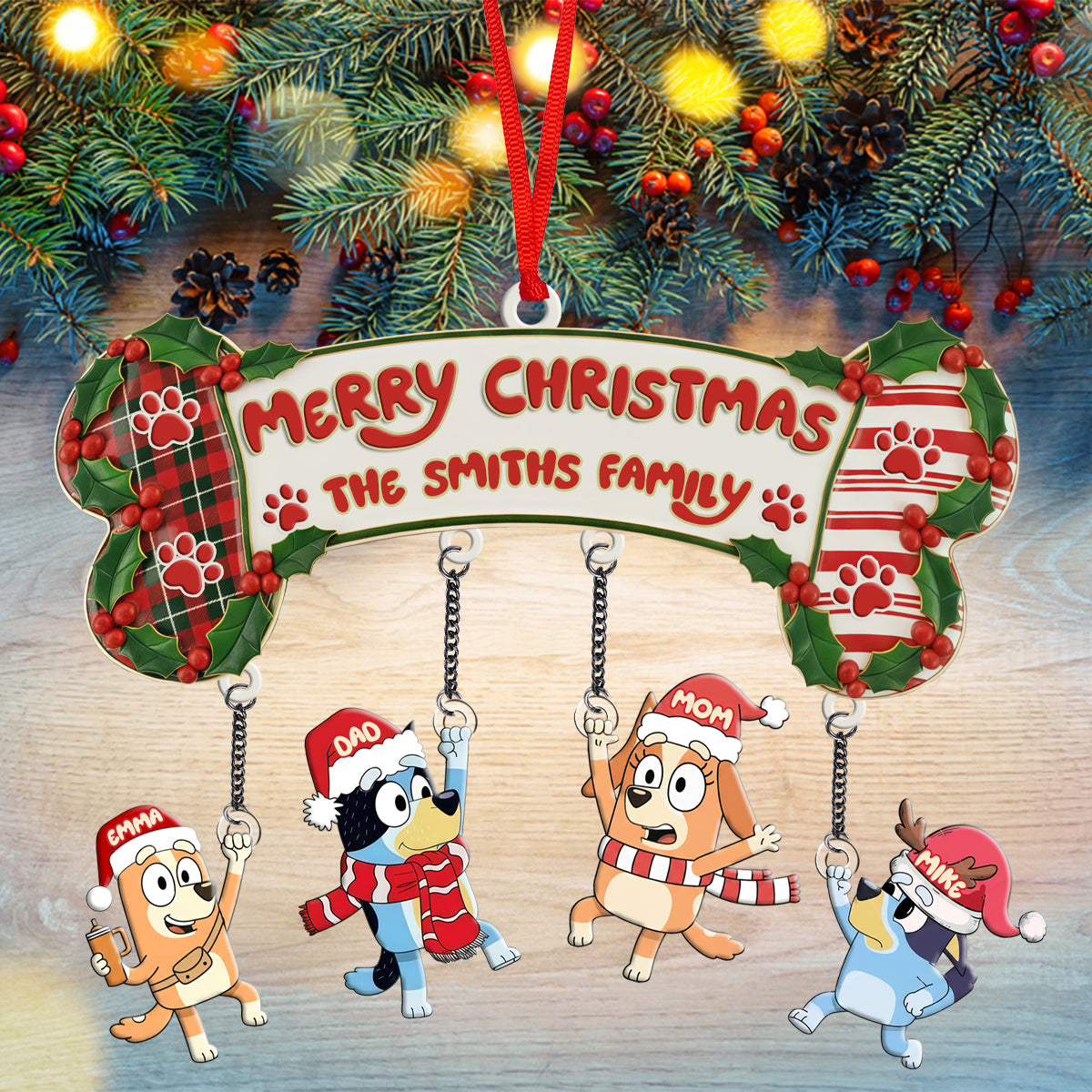 Blue Dog Family Christmas - Personalized Family Ornament With Charm