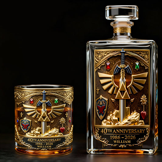Golden Relic 40th Anniversary Whiskey Set - Personalized The Hero's Legend Whiskey Decanter Set
