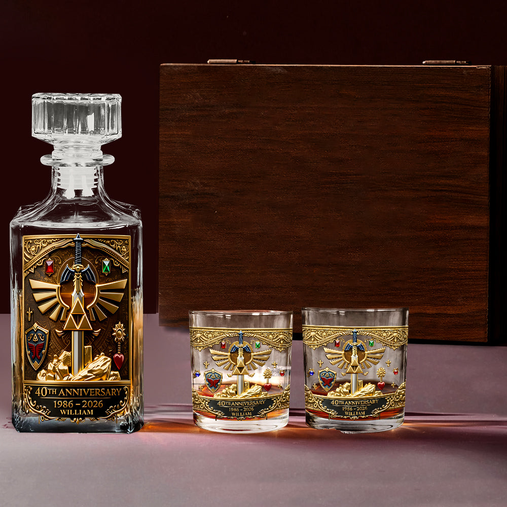 Golden Relic 40th Anniversary Whiskey Set - Personalized The Hero's Legend Whiskey Decanter Set