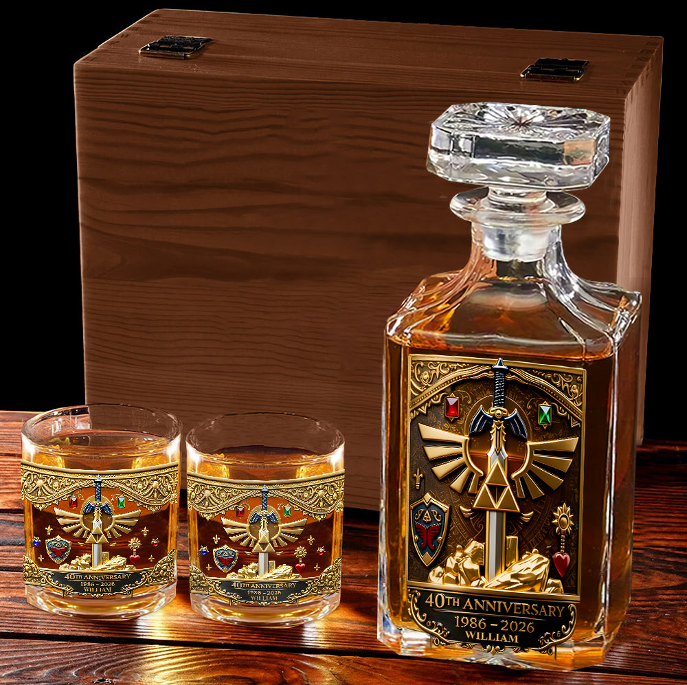 Golden Relic 40th Anniversary Whiskey Set - Personalized The Hero's Legend Whiskey Decanter Set
