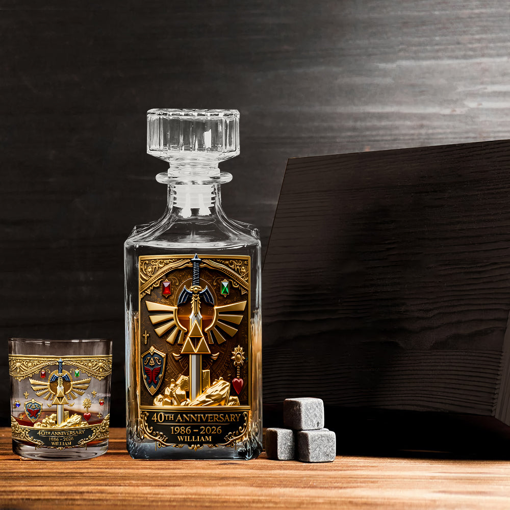 Golden Relic 40th Anniversary Whiskey Set - Personalized The Hero's Legend Whiskey Decanter Set