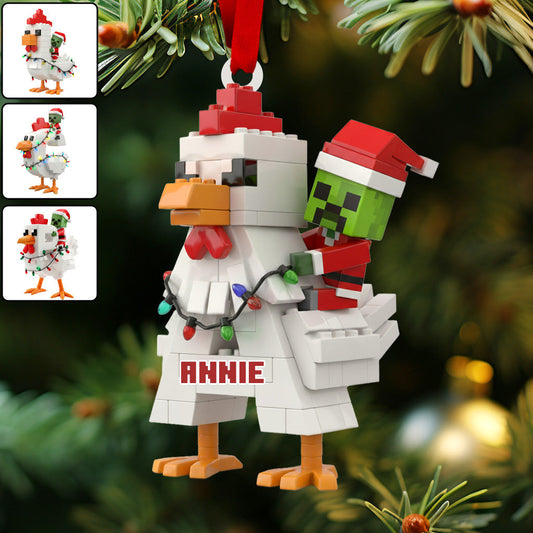 Festive Pixel Chicken Ride - Personalized Block World Ornament