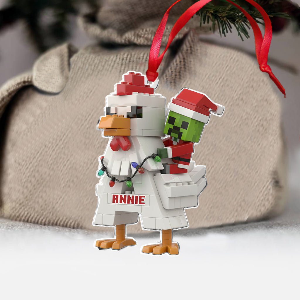 Festive Pixel Chicken Ride - Personalized Block World Ornament