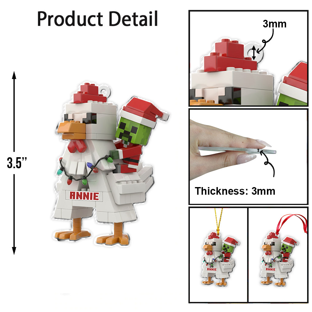 Festive Pixel Chicken Ride - Personalized Block World Ornament
