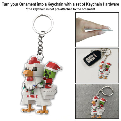 Festive Pixel Chicken Ride - Personalized Block World Ornament