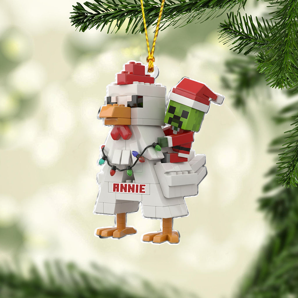Festive Pixel Chicken Ride - Personalized Block World Ornament