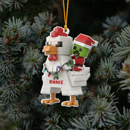 Festive Pixel Chicken Ride - Personalized Block World Ornament