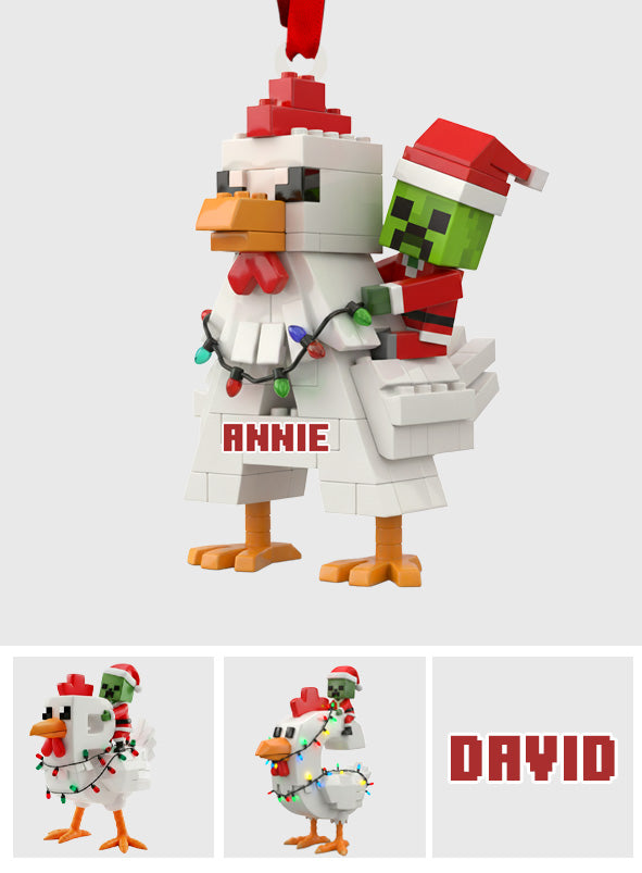 Festive Pixel Chicken Ride - Personalized Block World Ornament