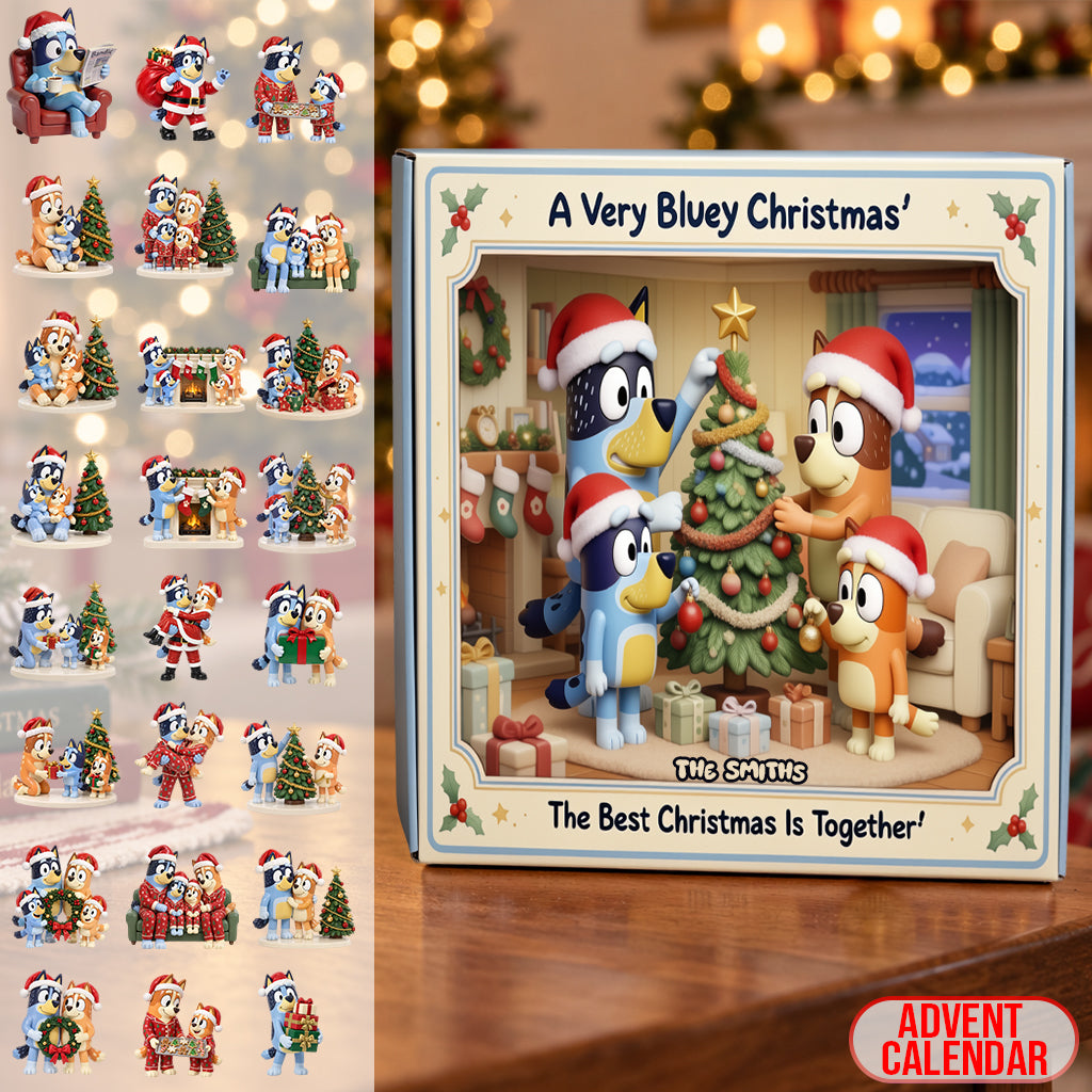 Blue Dog Family Christmas Gift - Personalized Bluey Folded Advent Calendar With Ornaments