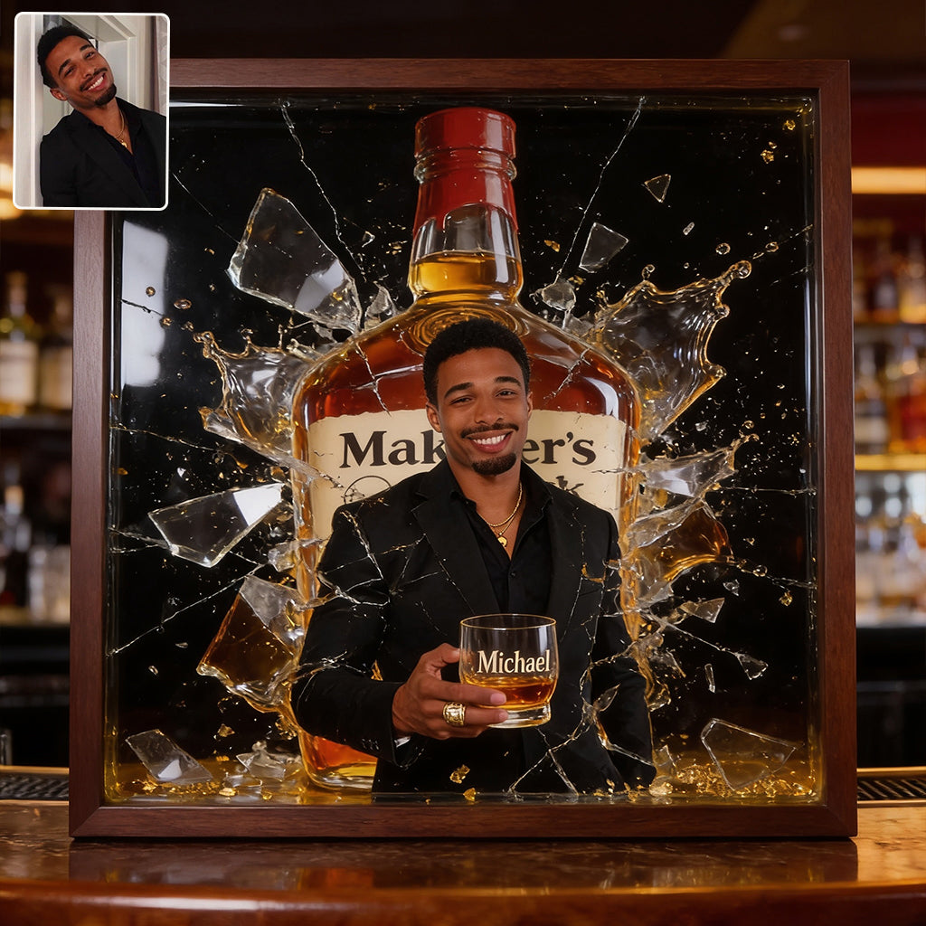Shatter Whiskey Bottle Art - Personalized Whisky Wooden Frame LED Light